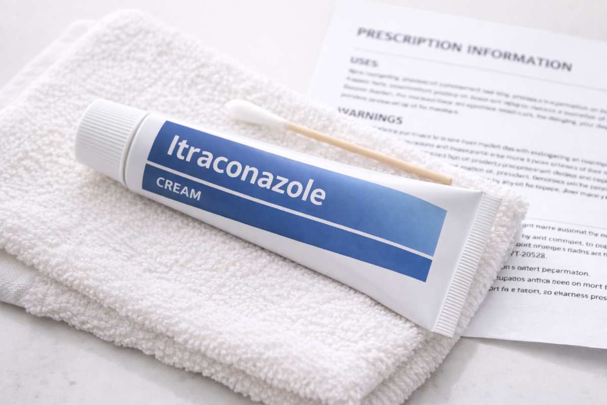 Tube of itraconazole cream and cotton swab on a clean towel next to a prescription leaflet.