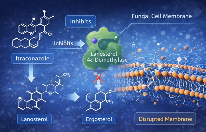 Diagram showing itraconazole mechanism — inhibits lanosterol 14-alpha-demethylase and disrupts fungal cell membrane.