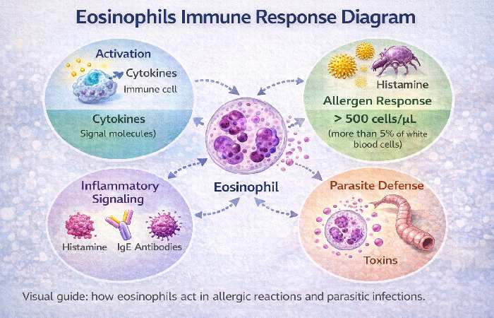 Diagram showing how eosinophils respond to allergens and parasites
