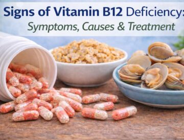 Close-up of B12 capsules, fortified cereal and a small dish of clams/fish
