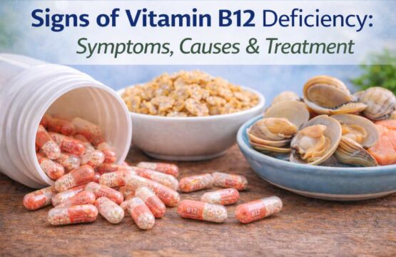 Close-up of B12 capsules, fortified cereal and a small dish of clams/fish
