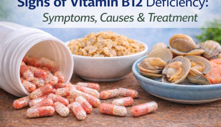 Close-up of B12 capsules, fortified cereal and a small dish of clams/fish