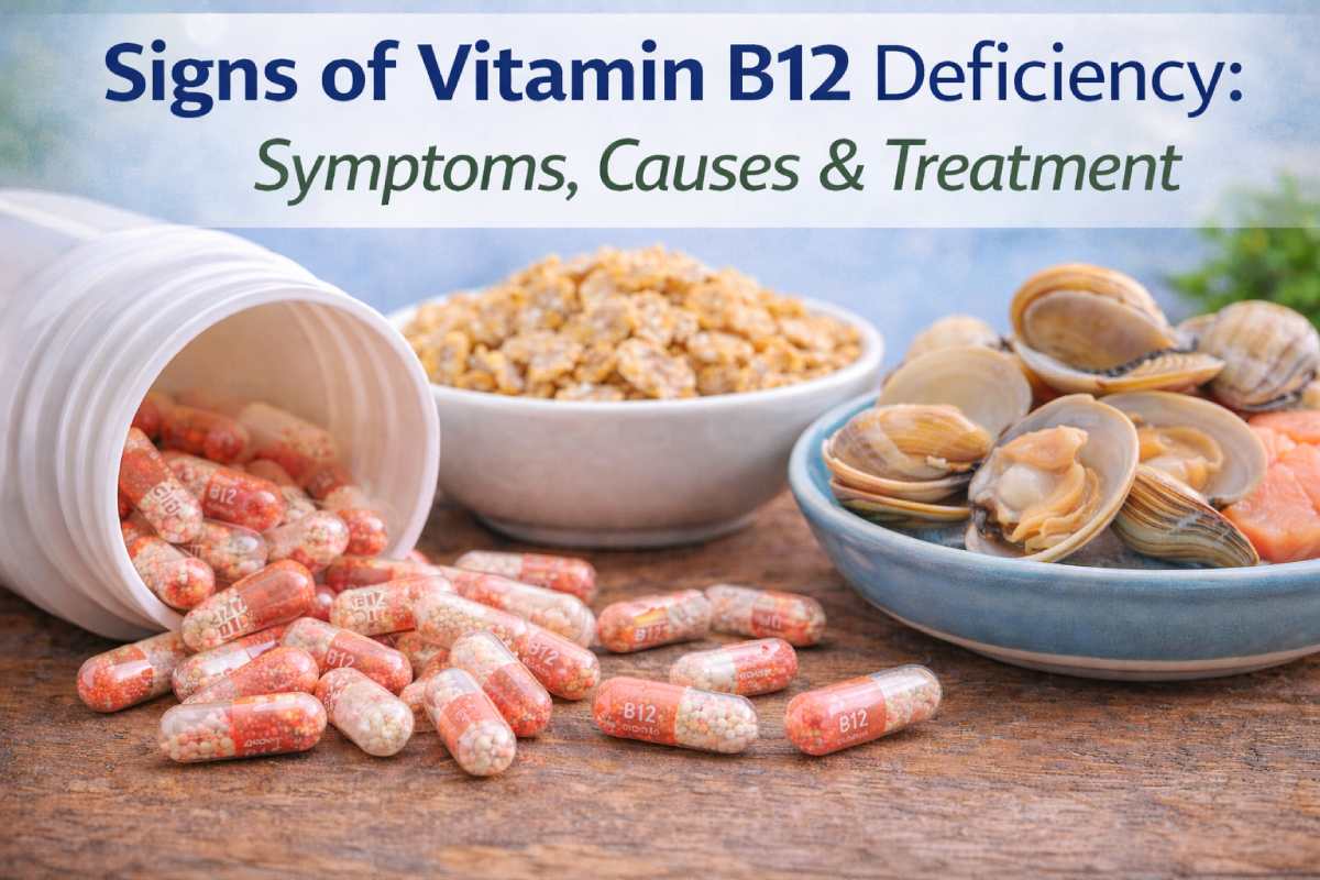 Close-up of B12 capsules, fortified cereal and a small dish of clams/fish