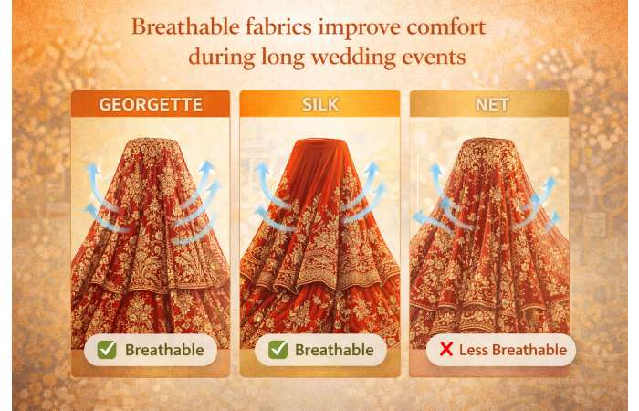 bridal lehenga breathable fabric comparison georgette silk net
