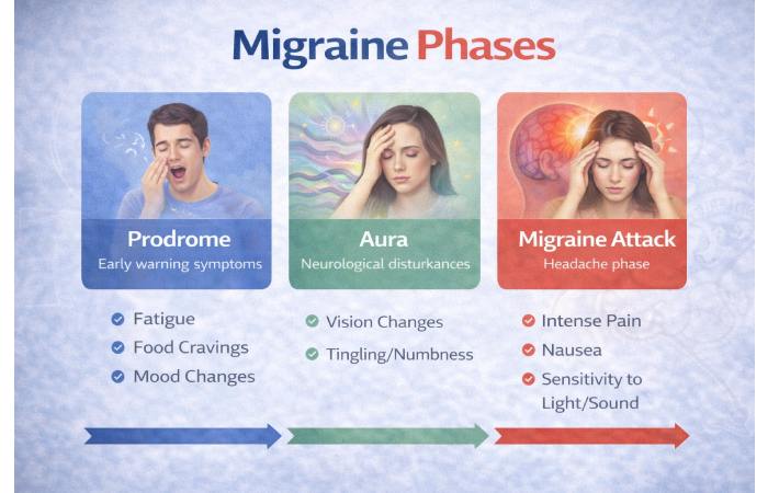 migraine early warning symptoms prodrome aura phases