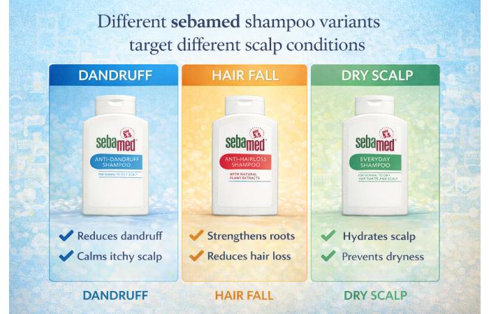 sebamed shampoo variants comparison dandruff hair fall dry scalp