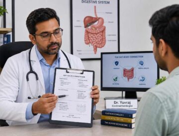 Doctor reviewing a patient's gut health consultation notes in a clinical setting in India