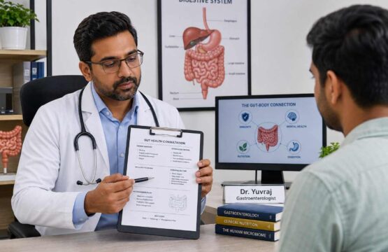 Doctor reviewing a patient's gut health consultation notes in a clinical setting in India