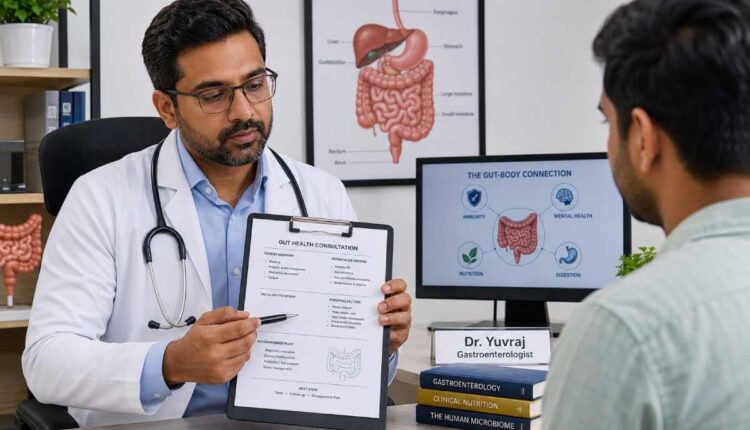 Doctor reviewing a patient's gut health consultation notes in a clinical setting in India