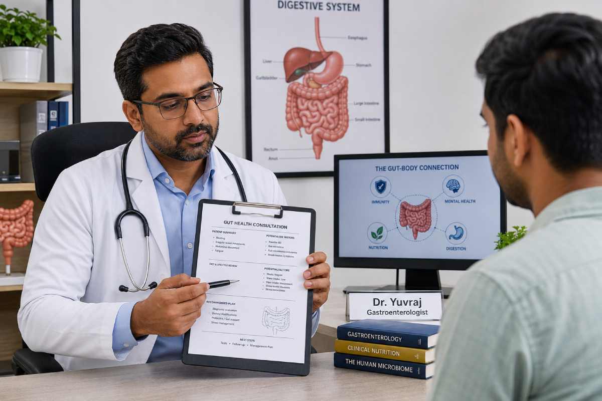 Doctor reviewing a patient's gut health consultation notes in a clinical setting in India